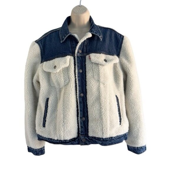 Levi’s Women's Sz L Pieced Sherpa Ex-Boyfriend Blue Trucker Jacket - Picture 2 of 15